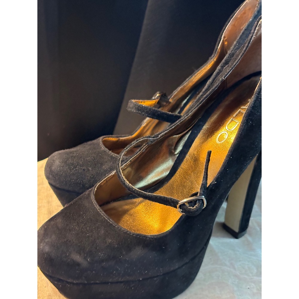 Aldo Black Suede Mary Jane Platform Pumps Gold Insole High Block Heel Size 37